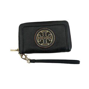 Tory Burch Continental Wallet Black Leather Gold Big Logo Pebbled Amanda